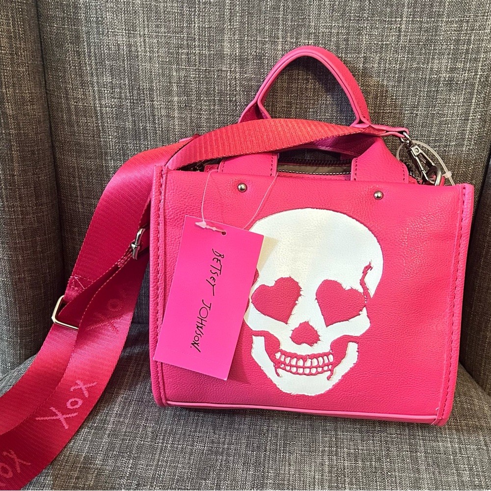 Betsey Johnson Pink and White Satchel with Skull Design